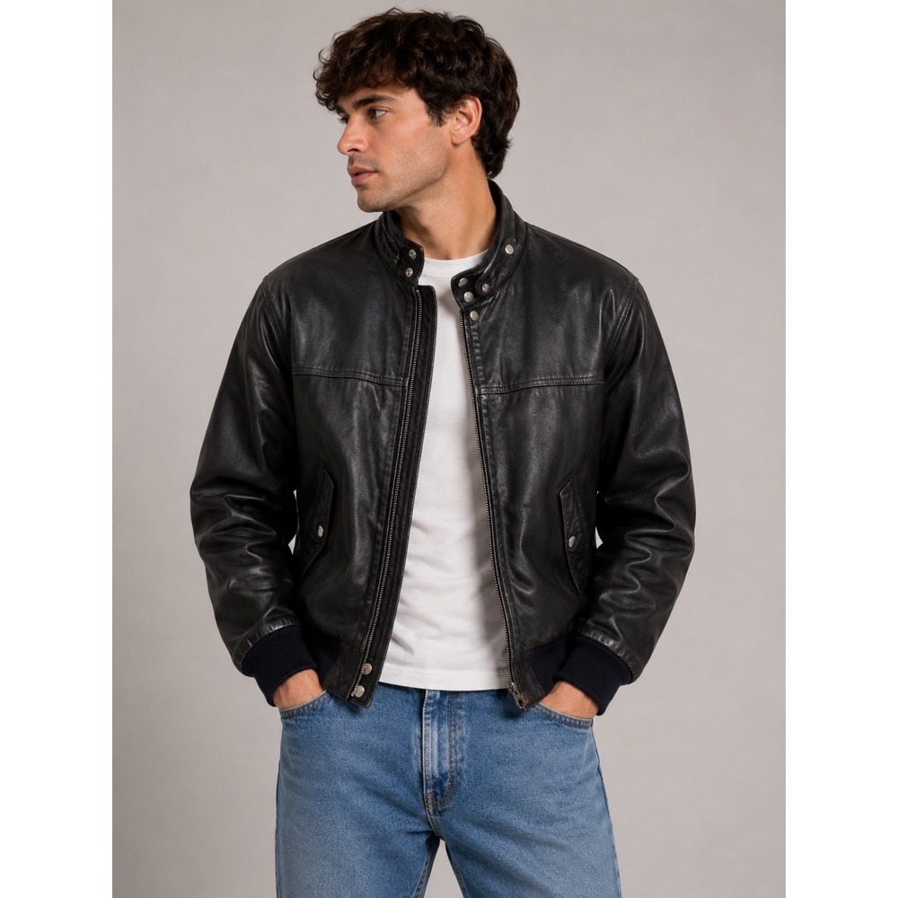 Vintage Saddlery Mens Black Leather Bomber Jacket Size 42 Zip Up |R